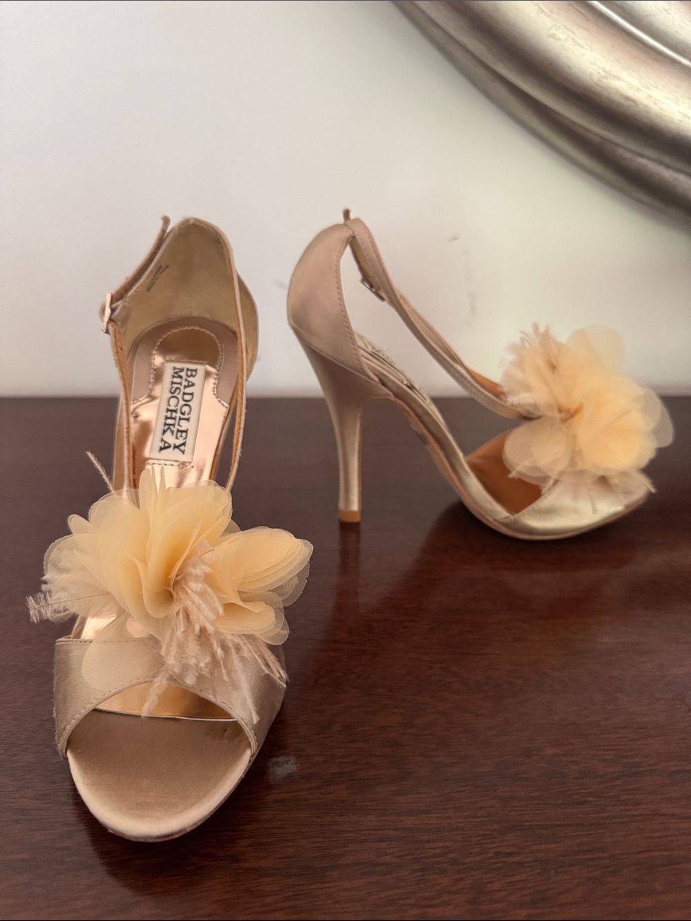 Badgley Mischka Gold Satin Heels with Cream Floral Appliqués